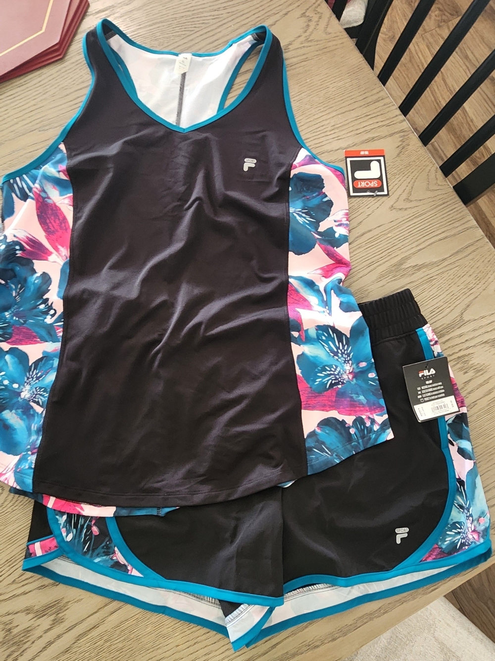 Fila Black Athletic Tank & Floral-Trim Shorts — Blue and Pink Accents